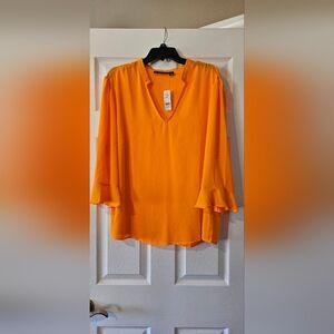 New York & Company Brilliant Orange V-Neck, Bell Sleeve Blouse, Size XXL